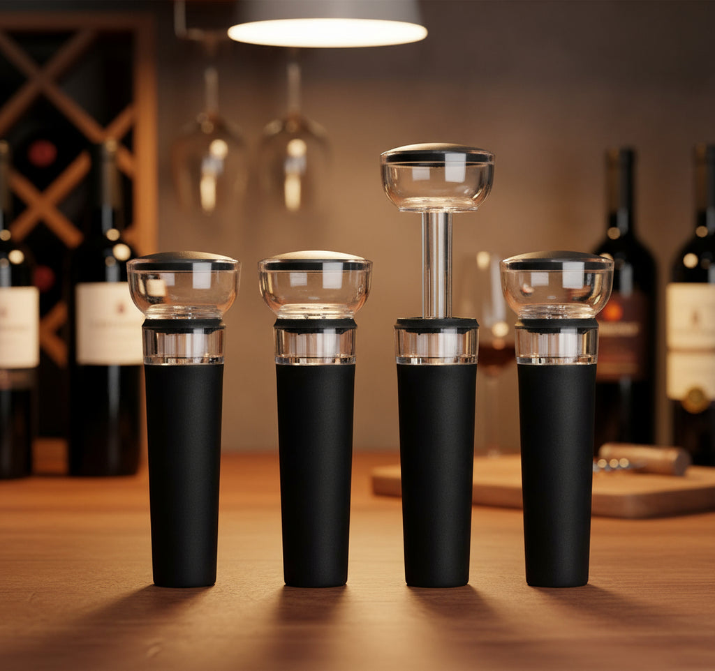 Set of 4 Wine Stoppers, Wine Bottle Stopper with Built-In Vacuum Wine Saver Pump Food-Safe Silicone Caps, Keep Wine Fresh up to a Week