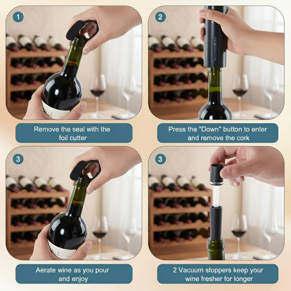 Electric Wine Opener,6-Piece Wine Gift Set,Electric Bottle Opener with 2 Stoppers,Foil Cutter,Black