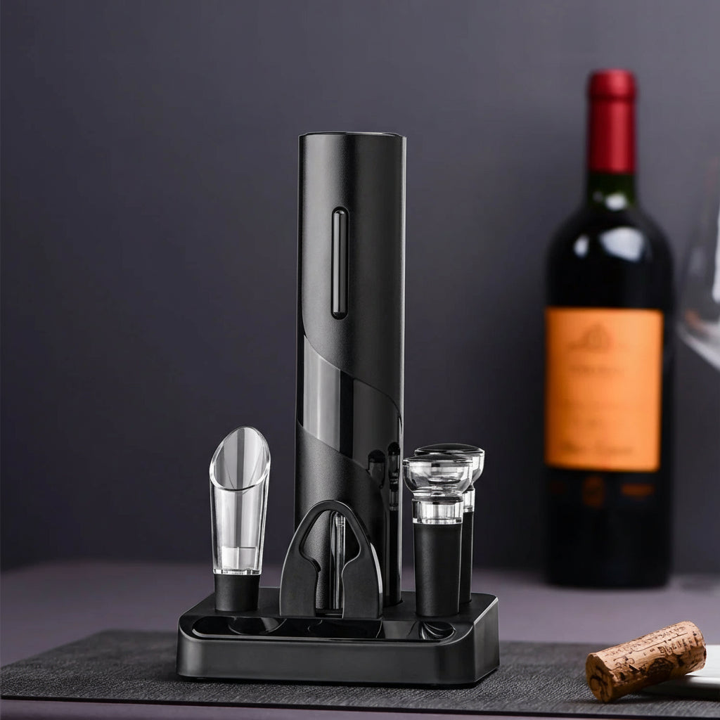 Electric Wine Opener,6-Piece Wine Gift Set,Electric Bottle Opener with 2 Stoppers,Foil Cutter,Black